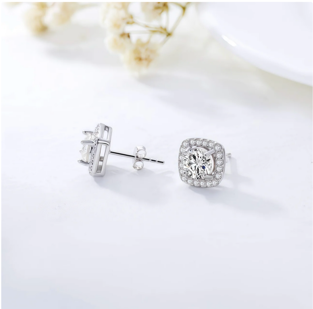 Square Moissanite Halo Earrings